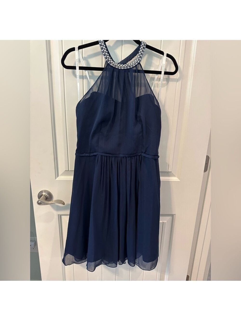 David’s Bridal Navy Blue Chiffon sleeveless dress with Pearl choker Size 12